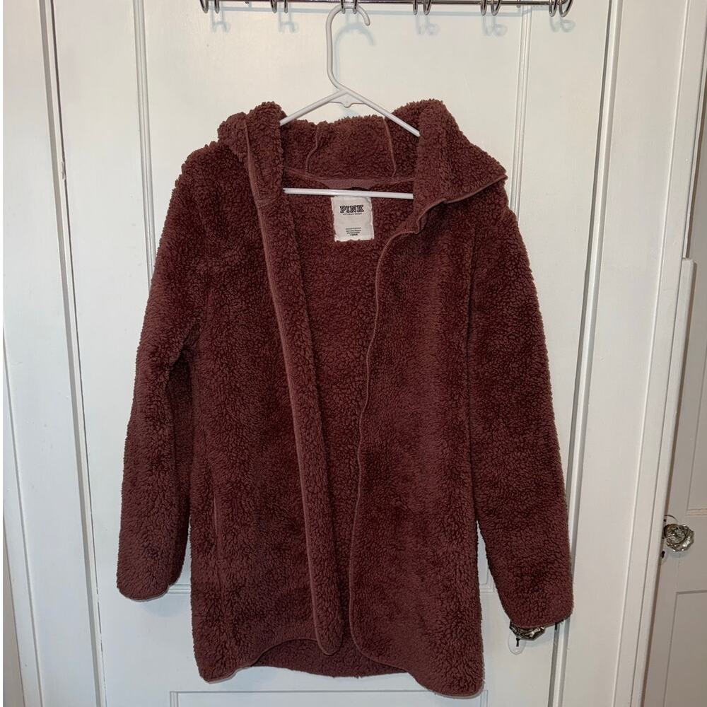 VS PINK Fuzzy Sherpa Hooded Teddy Cardigan Mauve size XS/S